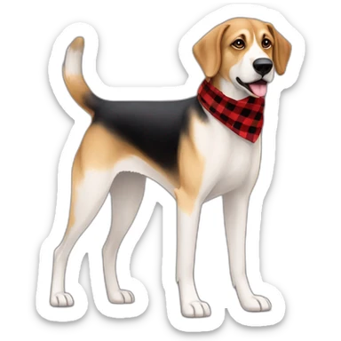 adult 75% Coonhound 25% German Shepherd mix dog with visible tail wearing small pointed red buffalo plaid bandana full body walking left quickly sticker