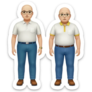 two guys, the first guy is white bald have glases a white dressshirt with rolled up sleeves and green pants he is over weight, The second guy has a yellow skin tone white golf shirt blue jeans and bald they should stand next to eachother sticker