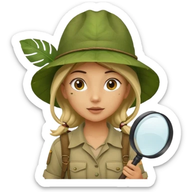 a young female explorer with jungle wearing a large leaf headgear bye and magnificer glass sticker