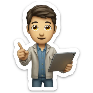 person holding an ipad, while pointing to it sticker