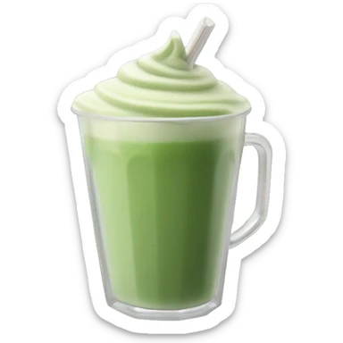 A frothy matcha latte in a clear glass cup with a straw sticker
