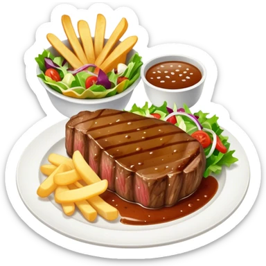 big juicy australian steak meal featuring chips, small salad in a ramiken and gravy  sticker
