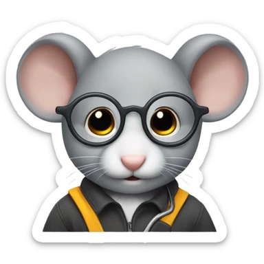 A grey mouse that is studying mechanic engineer with glasses on and a little hoop earring in both ears sticker