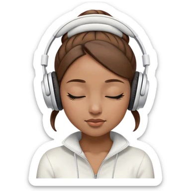 Light brown skin girl, brown hair in bun, eyes closed, white headphones on listing to music sticker