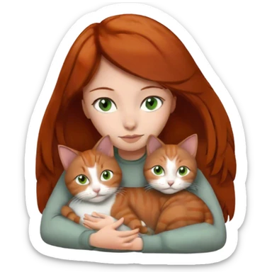 Dark ginger haired girl with brown eyes, and gray cat with green eyes cuddle sticker