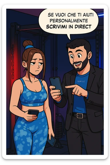TRASFORMA QUESTO CAROSELLO IN UN FUMETTO STILE WEBTOON/MANGA A COLORI CON QUESTE DUE PERSONE IDENTICHE CHE INTERLOQUISCONO TRA LORO, L'UOMO MOSTRA UNO SMARTPHONE ALLA DONNA INDICANDOLO, E ANCHE LA DONNA HA LO SMARTPHONE IN MANO PER ANDARE A SEGUIRE IL SUO PROFILO INSTAGRAM:

LUI (UOMO): Se vuoi che ti aiuti personalmente
SCRIVIMI IN DIRECT sticker