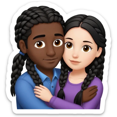 an adult white girl with long black hair hugging or kissing an adult dark brown man with short brown hair in braids sticker