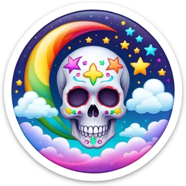 Beveled button with Neon rainbow colored damask style skull moon with stars and clouds in the center sticker