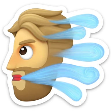 A high-resolution, stylized emoji illustration, in left-profile view, of a classic personified wind or "Boreas" face. A powerful stream of wind emanates from its puckered mouth, forming four distinct, swirling, light-blue-and-white stylized vapor trails that curl back on themselves. sticker