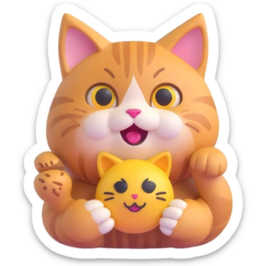 realistic 3D cat with detailed and soft fur texture, shiny eyes, holding a 3D emoji, warm and friendly expression, realistic fur details, realistic 3D style sticker