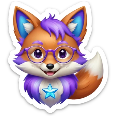 A magical fox with shimmering purple and blue fur, a glowing tail, a silver star on its forehead, and round glasses, laughing so hard that tears are streaming from its eyes sticker