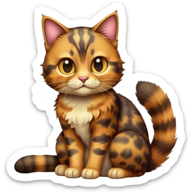 cinematic-[tortoiseshell tabby cat]-realistic-full-body-sitting-emoji,-tail-curled-playfully-around-its-paws,-head-tilted-dramatically,-scruffy-[tortoiseshell coloured]-fur,-simplified-yet-realistic-focused-features,-highly-detailed,-glowing-with-an-almost-sarcastic-glow sticker