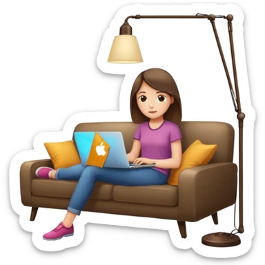 A girl is working with a laptop while lying on a sofa, with a floor lamp to the right. sticker