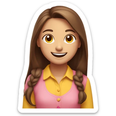 A happy animated girl with long brown hair and a yellow-collared shirt joyfully smiles alongside a cheerful emoji on a pink background. sticker