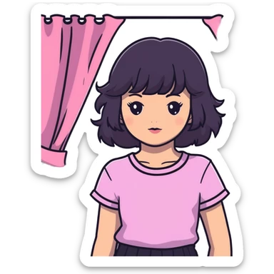 White girl with chest length black wavy hair with curtain bangs, gray eyes, wearing a pink top sticker
