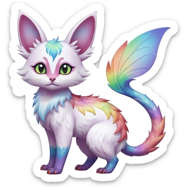 Pure-snow-White albino iridescent with pastel rainbow-gradients-color-markings with swirly patterns butterflies  faerie-Noivern-Noibat-Purloin-Torracat-Lykoi-Caracal-cat-Fakemon-fusion-hybrid-creature sticker