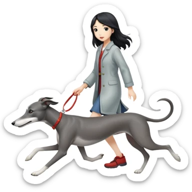 Japanese girl with flowing hair walking a grey greyhound sticker