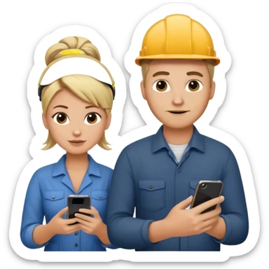 White male construction electrician and pretty darker blond office hair stylist with a bun hoding phone sticker