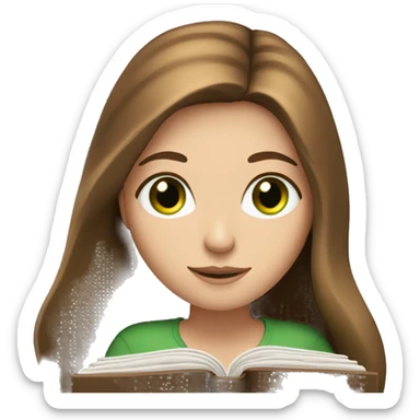 A white girl with green eyes and long brown hair reading a book  sticker