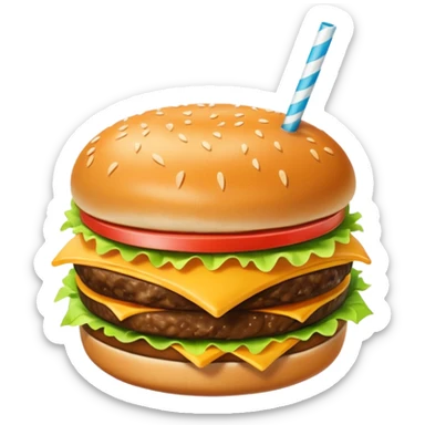 i want a Cheeseburger and Fries with a angle to 15–20° gentle bird’s-eye angle with a cold drink with ice cube with straw with some fries thicker like McDonald's french fries sticker