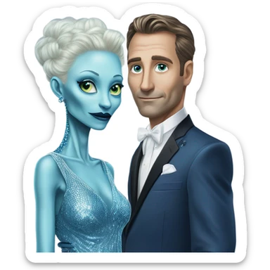 reptilian alien woman, in long slim pastel blue formal party satin dress with gradient shiny sparkling navy blue diamonds embroidered , and caucasian man in black dress sticker