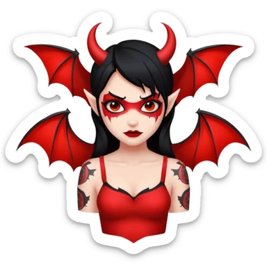 Demon girl: red skin, black hair, small horns, bat wing; tattoo-flash comic style; red/black palette; bold outlines; dark background; no text. sticker