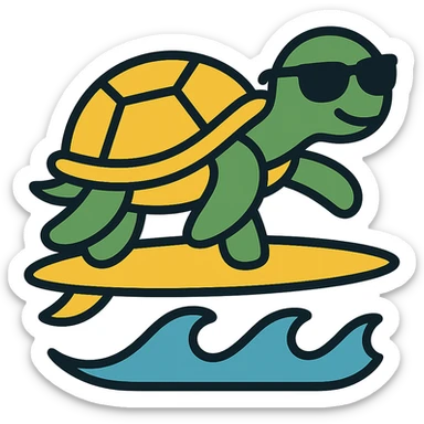 Add cool sunglasses to the surfing turtle. Keep the color outline icon style with clean lines, playful and modern look, no background. sticker