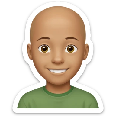 14-year-old bald African-European mixed boy with green shirt smiling sticker