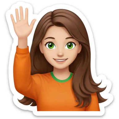 smiling girl with brown hair, long hair, middle hair split, waving, green eyes, orange shirt sticker