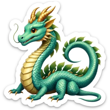  serpent dragon. Slim, serpentine body with smooth scales in soft blues and greens. Fluffy leaf plumes replace the tail fins, and a terracotta crown-like crest adorns its head. Gentle amber eyes. sticker