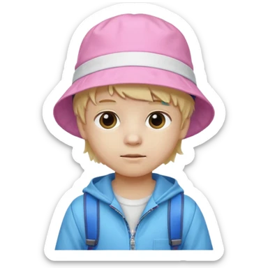A little boy student white skin, blonde hair, with pink bucket hat, white jacket, blue backpack sticker