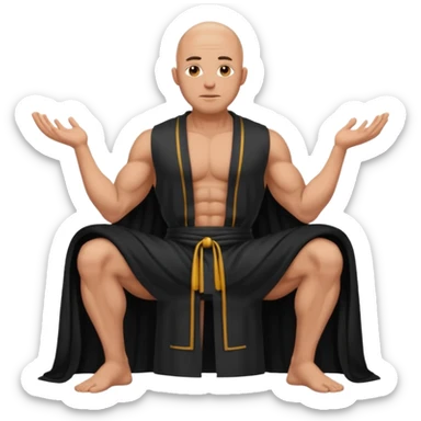 fullbody jacked bald guy, sleeveless and unbuttoned in black robe sitting sticker