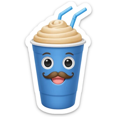 paper blue cup and white straw, the cup has eyes and mouth and mustache sticker