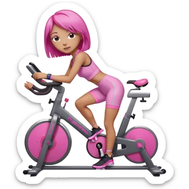 Light tan girl with a brown bob hat style with pink highlights in a pink workout set leaning on a indoor spin bike with NO HELMET,  but add pink hair highlights  sticker