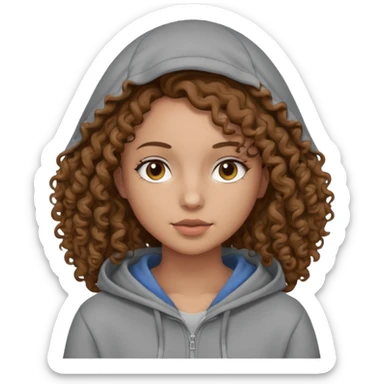 Woman, curly brown hair, hoodie, sticker
