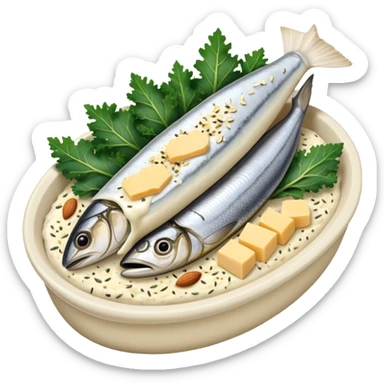 A glowing white bone surrounded by calcium-rich foods: sardines, yogurt, aged cheese, sesame seeds, almonds and kale sticker