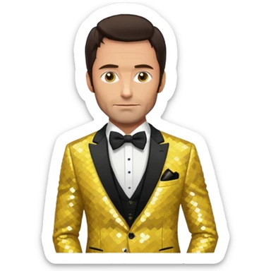 Hugh Jackman with dark brown hair, yellow sequin suit with bow tie sticker