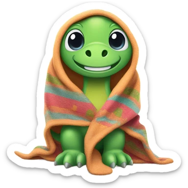Can you please create an emoji of a cute dinosaur wrapped in a blanket sticker