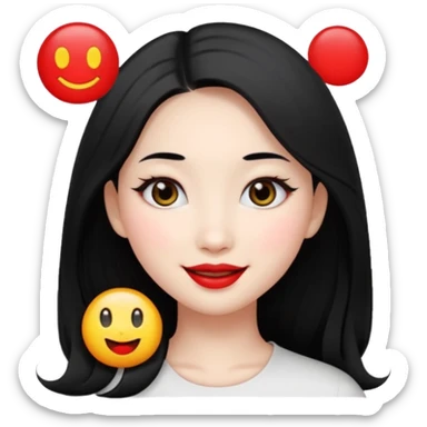 beautiful young Chinese woman, black long hair, white skin, oval face, big black eyes, red lips, emoji style sticker