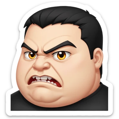 young angry fat man in profile view with black hair, fangs, crossed eyes sticker