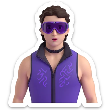 close-up of bad guy male athlete with white skin and moderately curly dark brown hair on top with shaved sides, wearing ski goggles with purple frames and very dark black lenses, a simple plain black chain necklace, and a completely unzipped sleeveless vest with purple and black sequin fire pattern design with no logo, with an extremely arrogant expression sticking his tongue out mockingly, looking menacing and villainous sticker