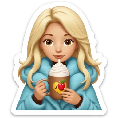 Tanned Girl with lashes , blonde hair, in an extremely big fluffy oversized coat and hold hot chocolate drink and more look like apple emoji face sticker