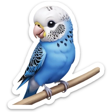 cinematic-cute-blue-budgie-portrait-emoji,-head-tilted-playfully-and-inquisitively,-featuring-a-brilliant-blue-feathered-fur-and white and black feathered face-with-a-natural-sheen,-round,-sparkling-dark-eyes-filled-with-curiosity,-simplified-yet-irresistibly-adorable sticker