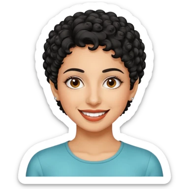 30 year old iranian woman very short curly black hair, big brown eyes, tanned skin, big smile, white teeth, pretty, stylish, shorter hair, boy cut hair sticker