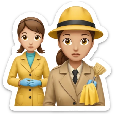 A cleaning Lady with Brown hair, high ponytail and yellow cleaning gloths is Talking to a Detektive (a man) with beige hat, a beige coat and he is interviewing the cleaning Lady sticker