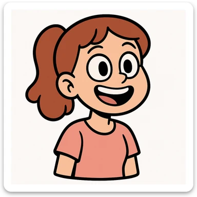 sticker illustration of a happy girl with expressive eyes, simplified features, consistent character design, drawn in flat vector art style with clean black outlines and soft pastel colors, white background, cartoon style matching the sticker reference sticker