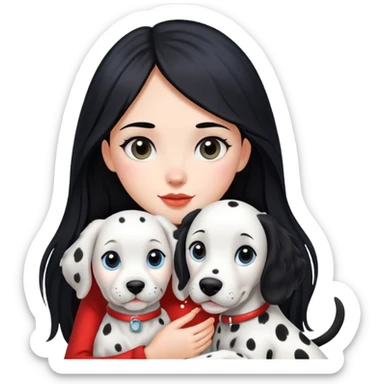 A girl with long black hair is holding a Dalmatian sticker