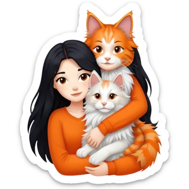 A girl with long black  hair tightly hugged a Maine coon sticker