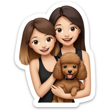 a asian girl with long straight balayage hair, long lashes, laughing, wearing black halterneck top, and holding a brown poodle sticker