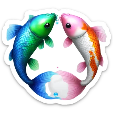 Two realistic koi fish, one green & blue, the other pink & white, swimming into each other, ying yang, Pisces fish, cloudy, water, dreamy, bubbles, iridescent sticker